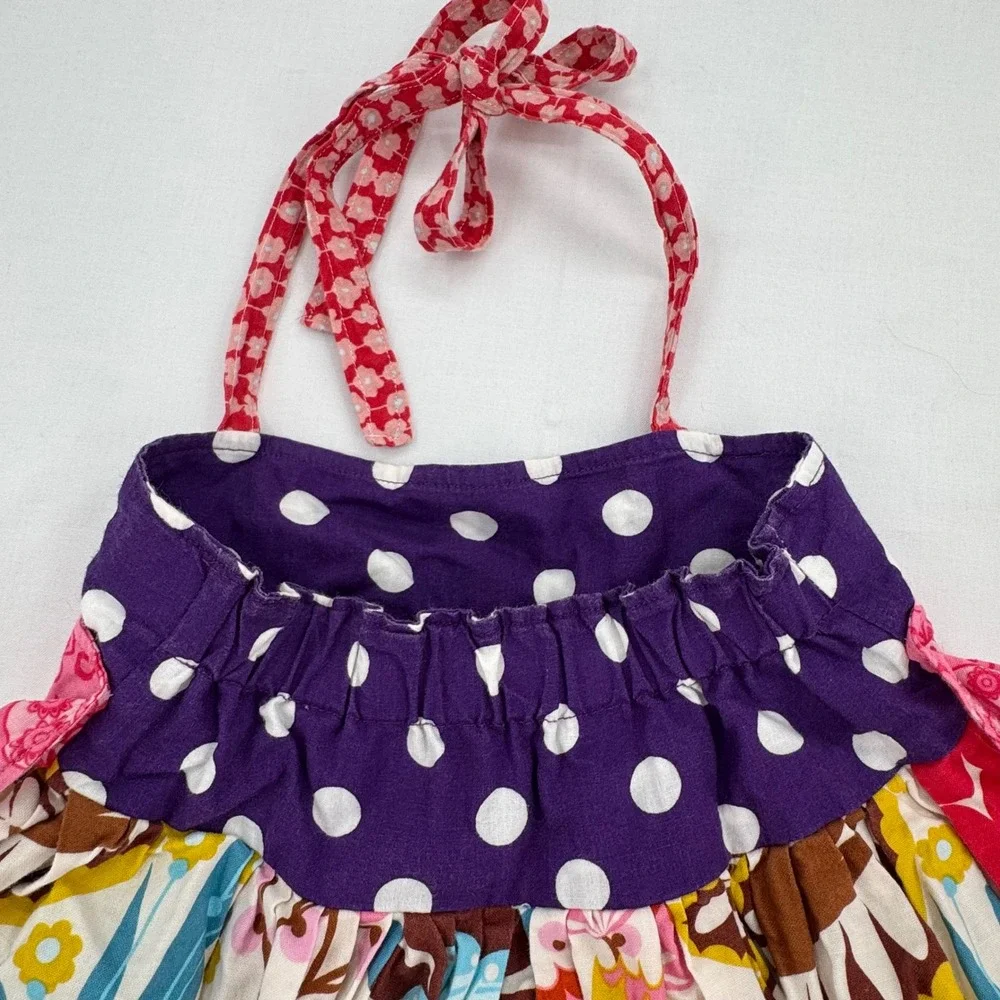 Handmade Vtg 2000s Girls Boho Floral Polka Dot Halter Dress Ruffle Trim 2T/24M